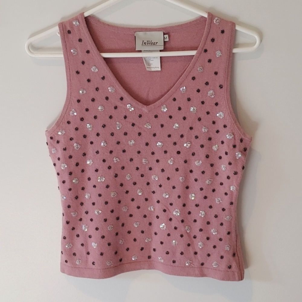 Sleeveless Sweater Merino Cashmere Blend Vest with Sequins Medium Vintage
